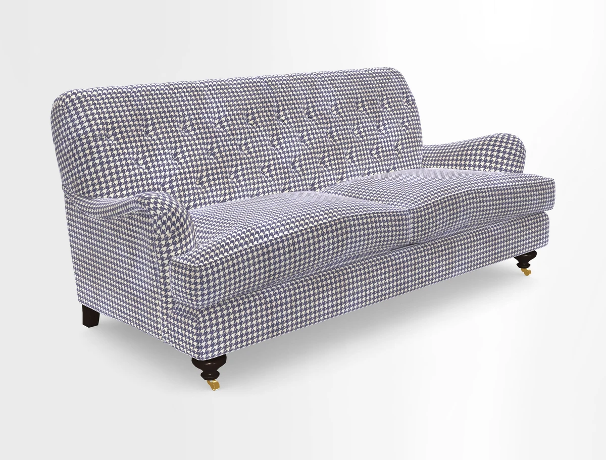 Chiddingfold 3 Seater Sofa in Omega Velvet Tawny Velvet and V&A Threads of India Regal Arabesque Flame with scatters in Sulawesi Splendour Jasper