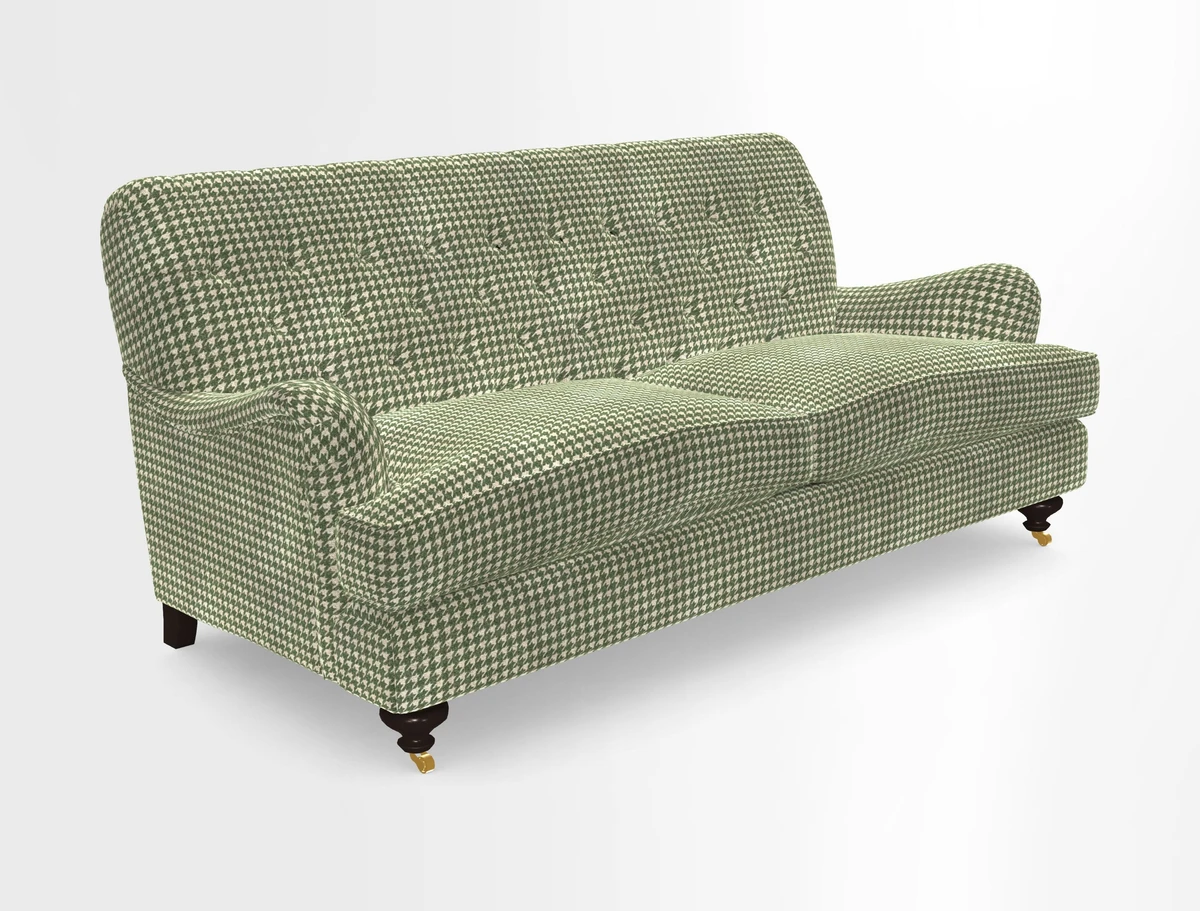 Chiddingfold 3 Seater Sofa in Omega Velvet Tawny Velvet and V&A Threads of India Regal Arabesque Flame with scatters in Sulawesi Splendour Jasper