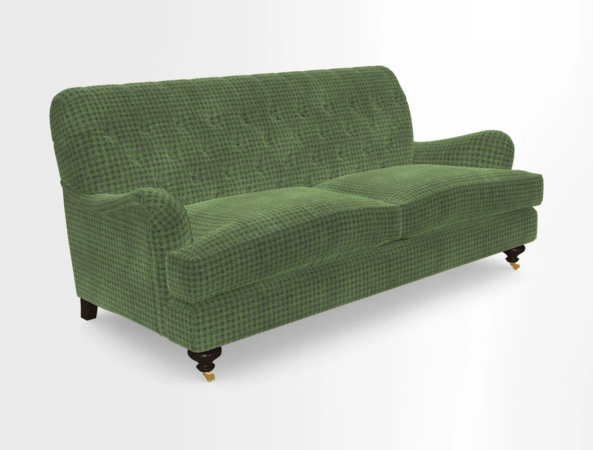 Chiddingfold 3 Seater Sofa in Omega Velvet Tawny Velvet and V&A Threads of India Regal Arabesque Flame with scatters in Sulawesi Splendour Jasper