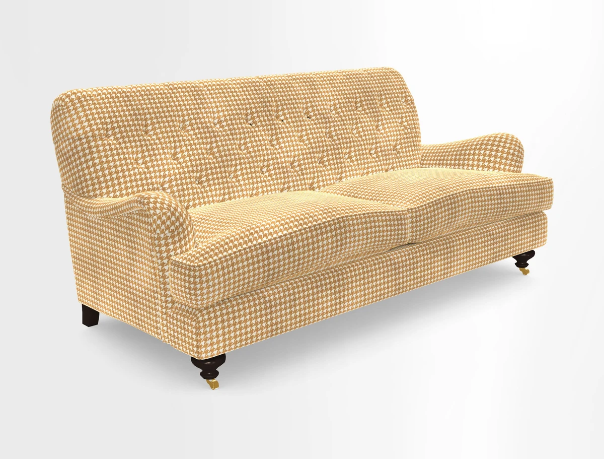 Chiddingfold 3 Seater Sofa in Omega Velvet Tawny Velvet and V&A Threads of India Regal Arabesque Flame with scatters in Sulawesi Splendour Jasper