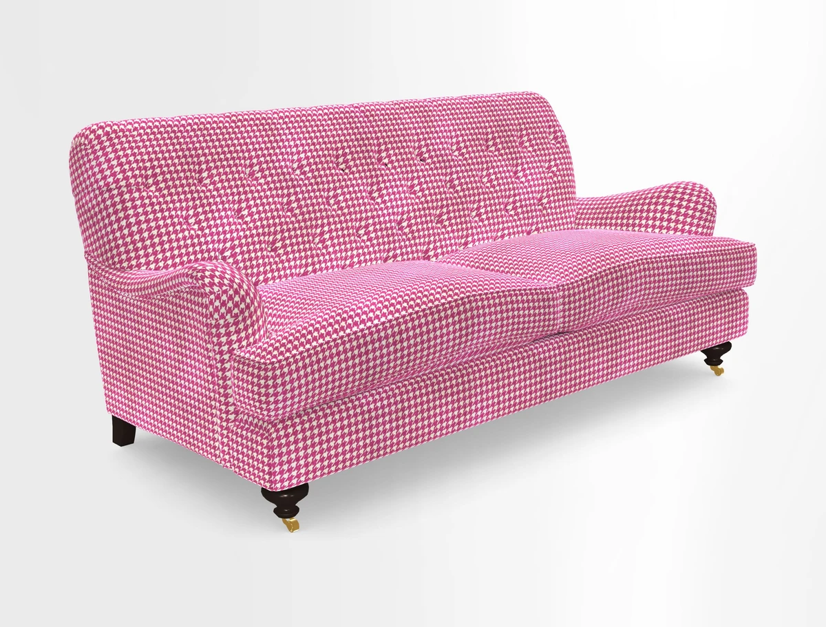 Chiddingfold 3 Seater Sofa in Omega Velvet Tawny Velvet and V&A Threads of India Regal Arabesque Flame with scatters in Sulawesi Splendour Jasper