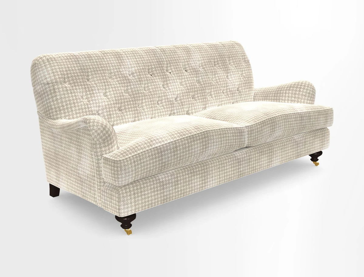 Chiddingfold 3 Seater Sofa in Omega Velvet Tawny Velvet and V&A Threads of India Regal Arabesque Flame with scatters in Sulawesi Splendour Jasper