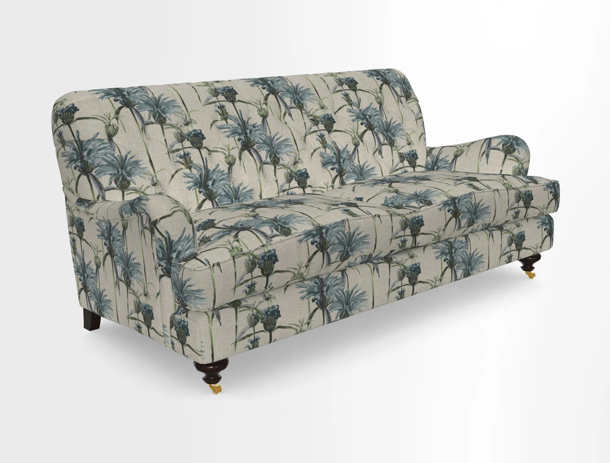 Chiddingfold 3 Seater Sofa in Omega Velvet Tawny Velvet and V&A Threads of India Regal Arabesque Flame with scatters in Sulawesi Splendour Jasper