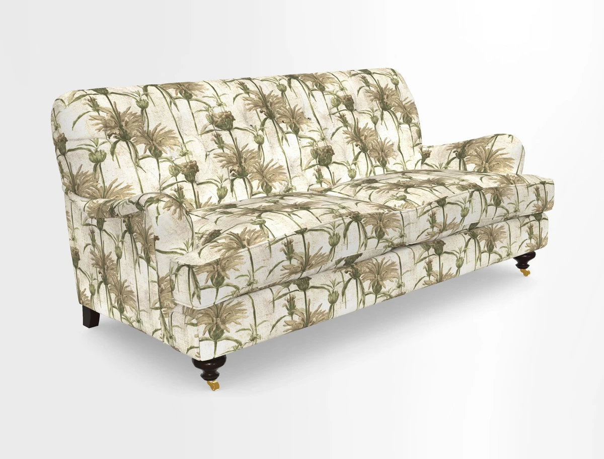 Chiddingfold 3 Seater Sofa in Omega Velvet Tawny Velvet and V&A Threads of India Regal Arabesque Flame with scatters in Sulawesi Splendour Jasper