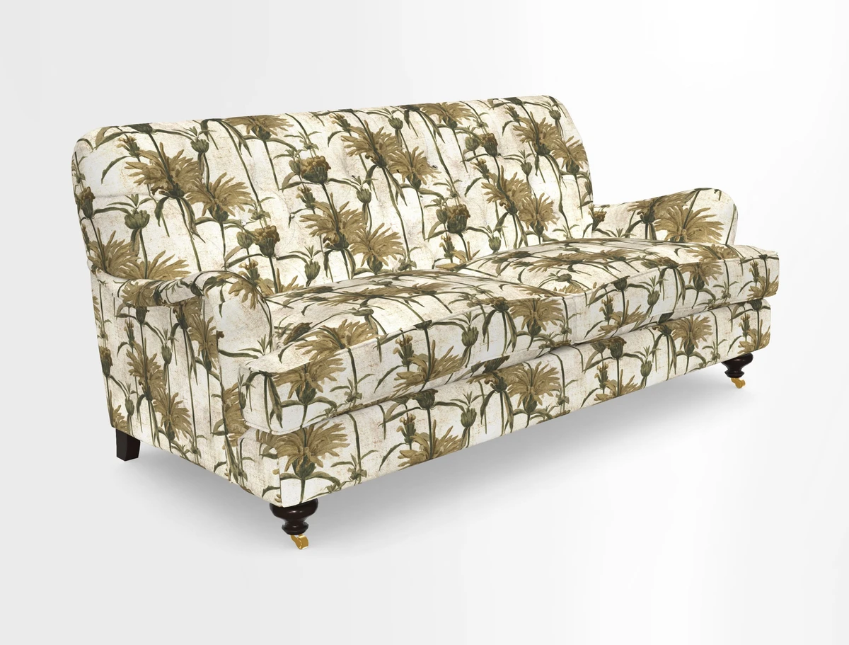 Chiddingfold 3 Seater Sofa in Omega Velvet Tawny Velvet and V&A Threads of India Regal Arabesque Flame with scatters in Sulawesi Splendour Jasper