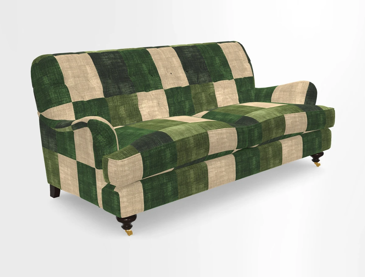 Chiddingfold 3 Seater Sofa in Omega Velvet Tawny Velvet and V&A Threads of India Regal Arabesque Flame with scatters in Sulawesi Splendour Jasper
