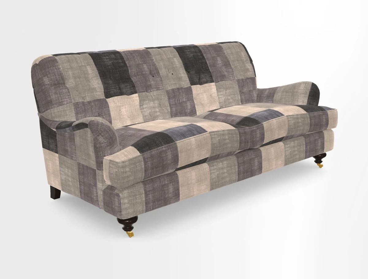 Chiddingfold 3 Seater Sofa in Omega Velvet Tawny Velvet and V&A Threads of India Regal Arabesque Flame with scatters in Sulawesi Splendour Jasper
