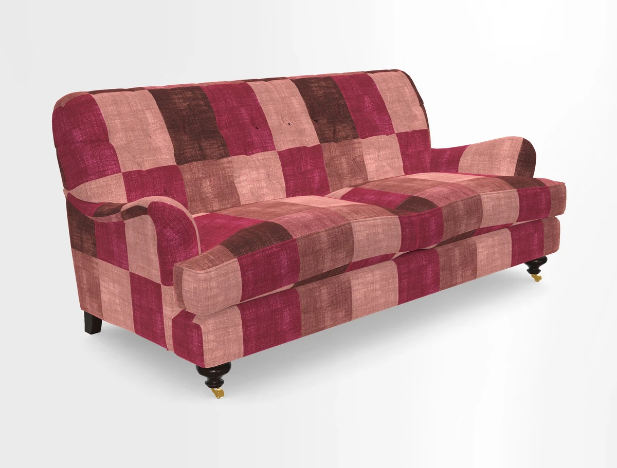 Chiddingfold 3 Seater Sofa in Omega Velvet Tawny Velvet and V&A Threads of India Regal Arabesque Flame with scatters in Sulawesi Splendour Jasper