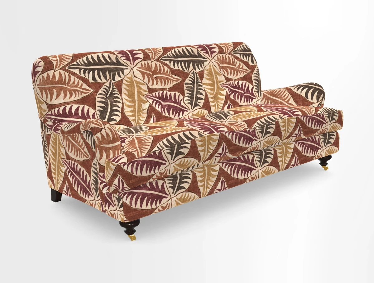 Chiddingfold 3 Seater Sofa in Omega Velvet Tawny Velvet and V&A Threads of India Regal Arabesque Flame with scatters in Sulawesi Splendour Jasper