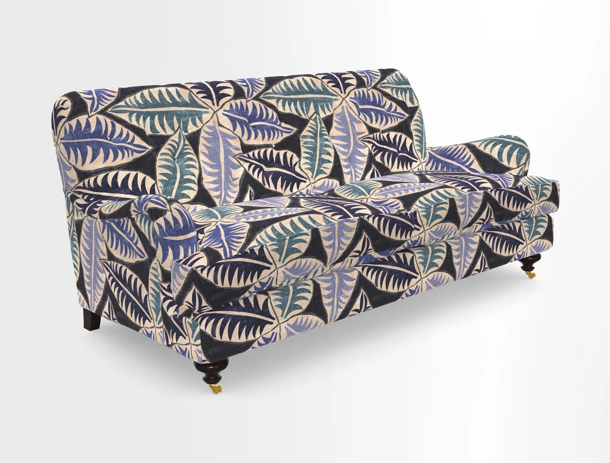 Chiddingfold 3 Seater Sofa in Omega Velvet Tawny Velvet and V&A Threads of India Regal Arabesque Flame with scatters in Sulawesi Splendour Jasper