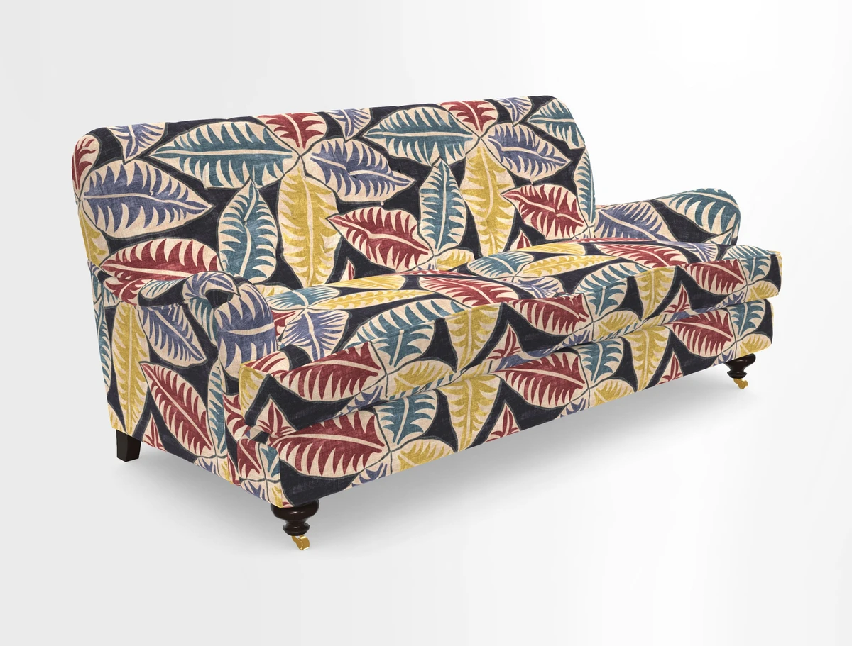 Chiddingfold 3 Seater Sofa in Omega Velvet Tawny Velvet and V&A Threads of India Regal Arabesque Flame with scatters in Sulawesi Splendour Jasper