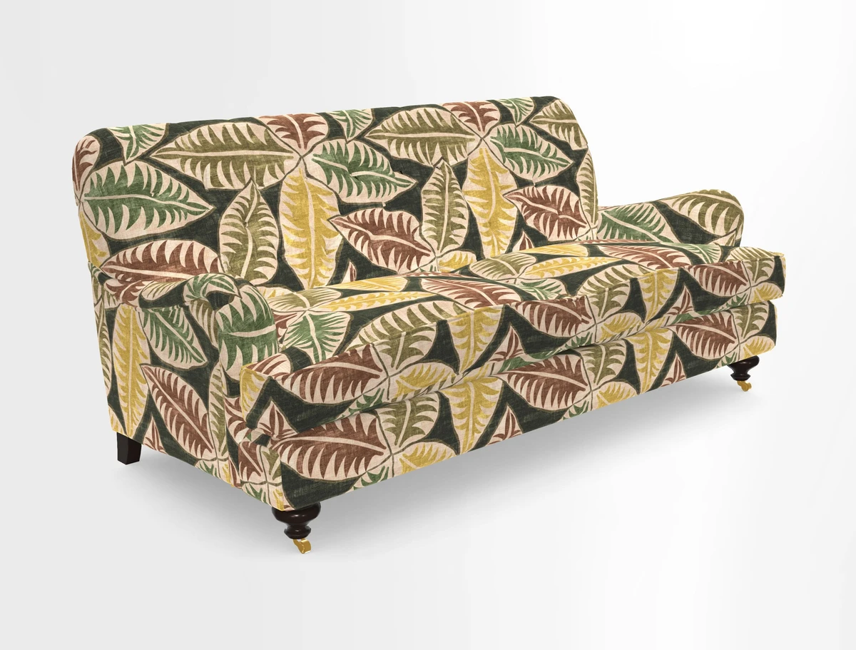 Chiddingfold 3 Seater Sofa in Omega Velvet Tawny Velvet and V&A Threads of India Regal Arabesque Flame with scatters in Sulawesi Splendour Jasper