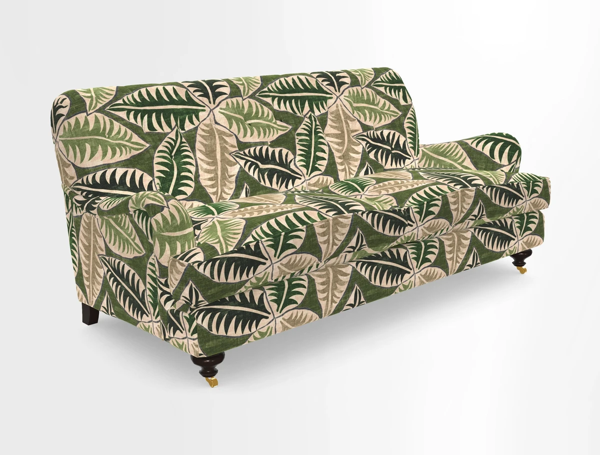 Chiddingfold 3 Seater Sofa in Omega Velvet Tawny Velvet and V&A Threads of India Regal Arabesque Flame with scatters in Sulawesi Splendour Jasper