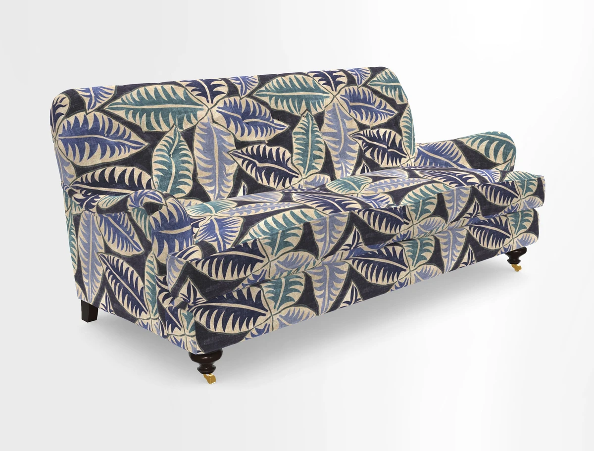 Chiddingfold 3 Seater Sofa in Omega Velvet Tawny Velvet and V&A Threads of India Regal Arabesque Flame with scatters in Sulawesi Splendour Jasper