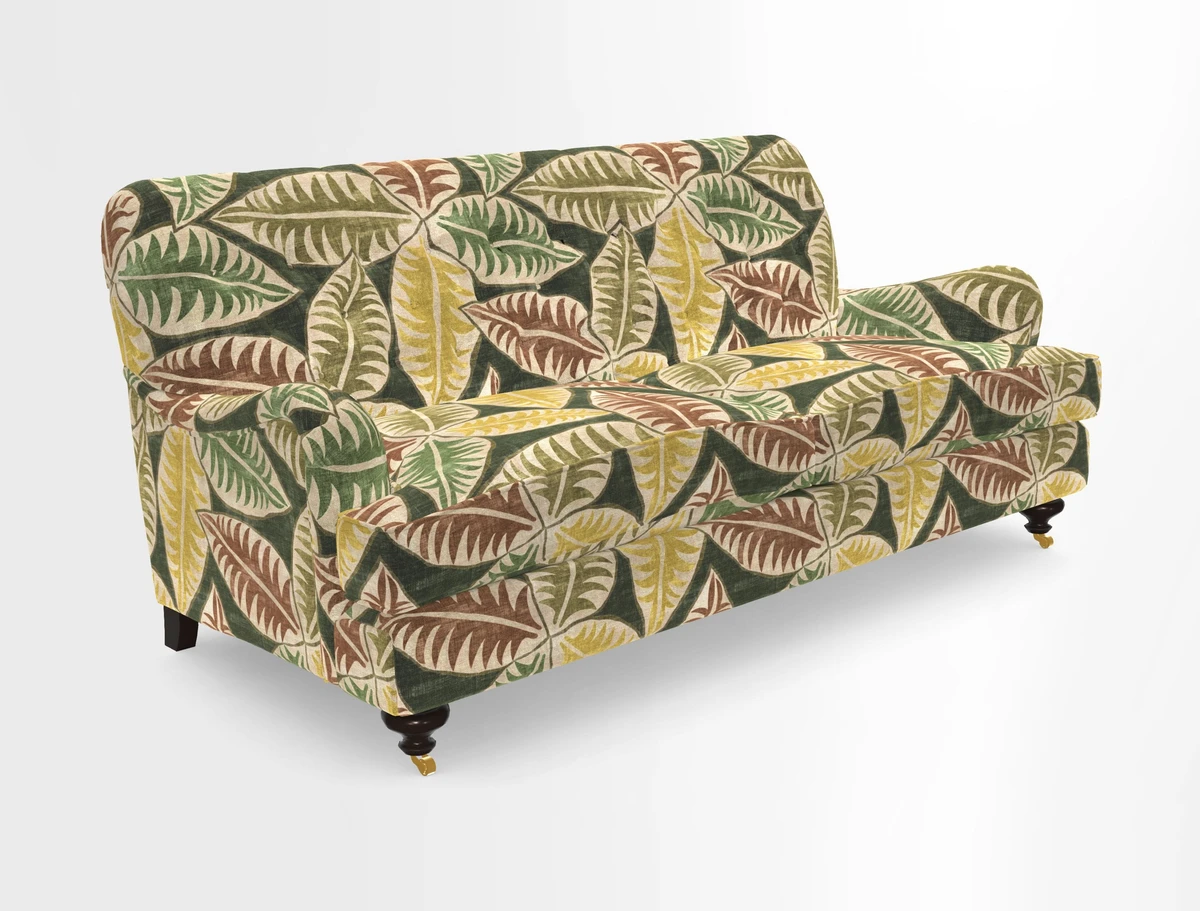 Chiddingfold 3 Seater Sofa in Omega Velvet Tawny Velvet and V&A Threads of India Regal Arabesque Flame with scatters in Sulawesi Splendour Jasper