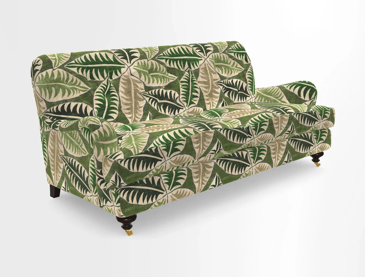 Chiddingfold 3 Seater Sofa in Omega Velvet Tawny Velvet and V&A Threads of India Regal Arabesque Flame with scatters in Sulawesi Splendour Jasper