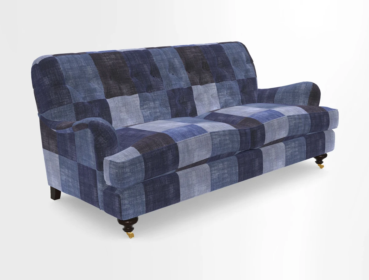 Chiddingfold 3 Seater Sofa in Omega Velvet Tawny Velvet and V&A Threads of India Regal Arabesque Flame with scatters in Sulawesi Splendour Jasper