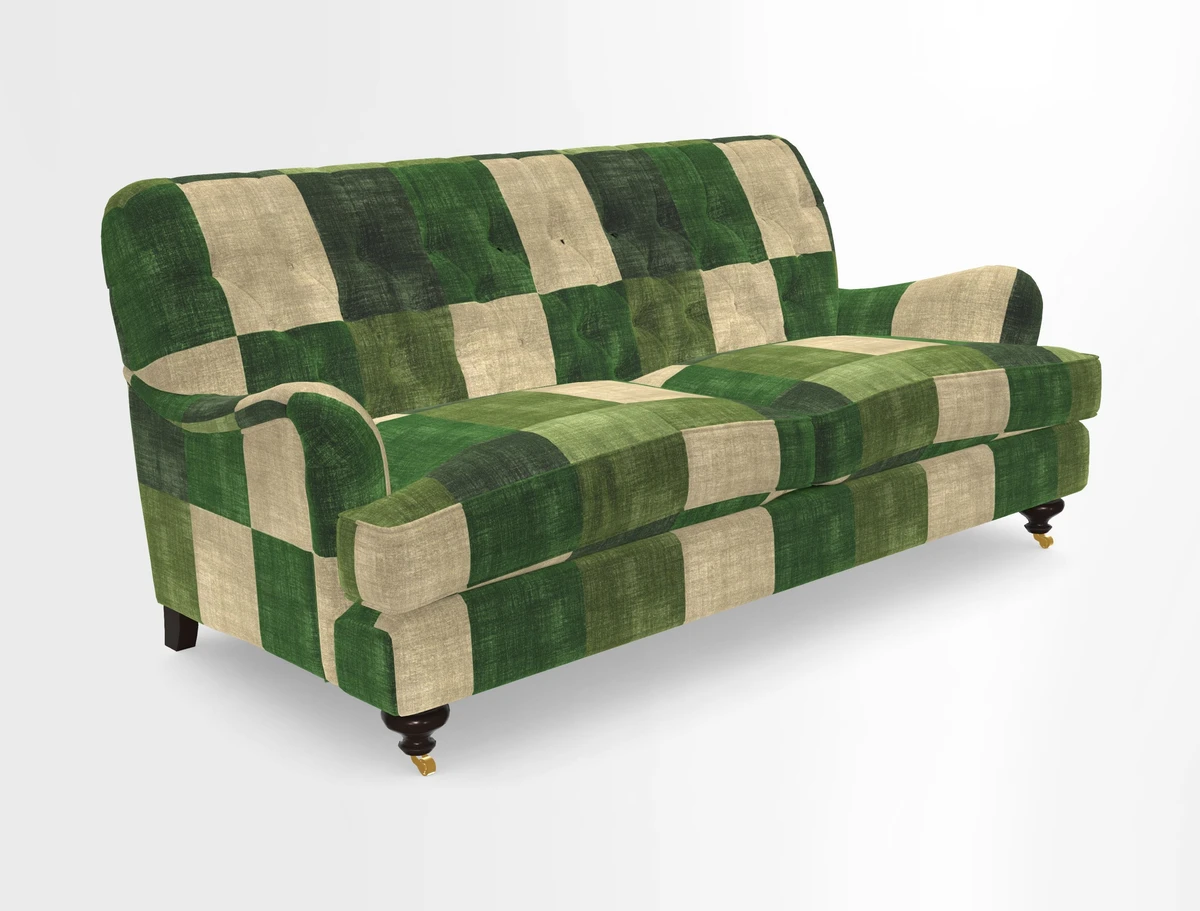 Chiddingfold 3 Seater Sofa in Omega Velvet Tawny Velvet and V&A Threads of India Regal Arabesque Flame with scatters in Sulawesi Splendour Jasper