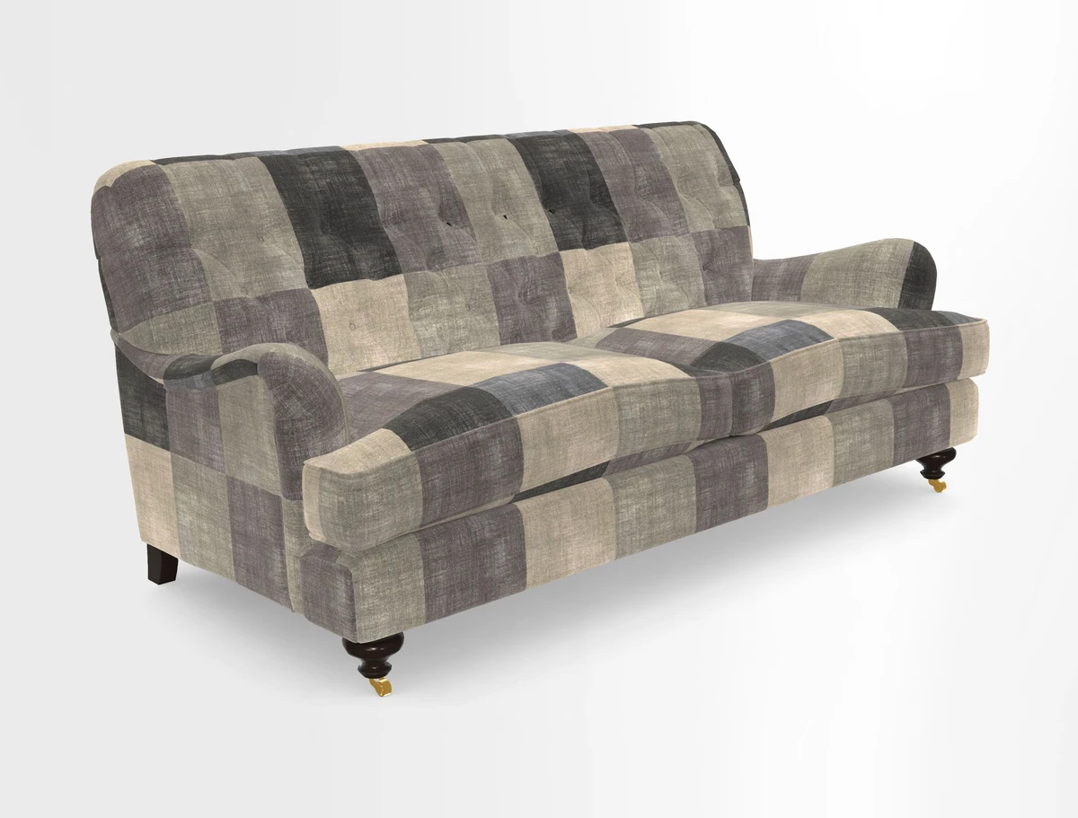 Chiddingfold 3 Seater Sofa in Omega Velvet Tawny Velvet and V&A Threads of India Regal Arabesque Flame with scatters in Sulawesi Splendour Jasper