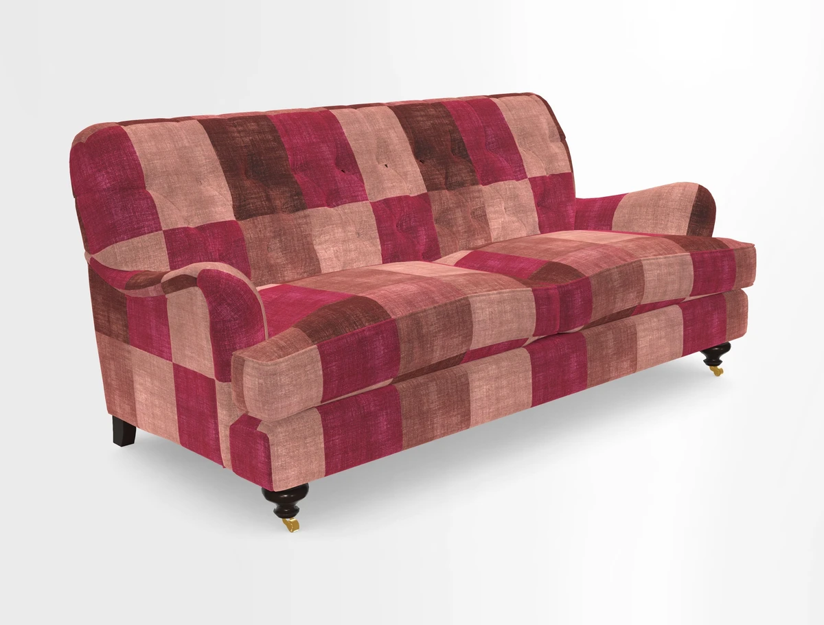 Chiddingfold 3 Seater Sofa in Omega Velvet Tawny Velvet and V&A Threads of India Regal Arabesque Flame with scatters in Sulawesi Splendour Jasper