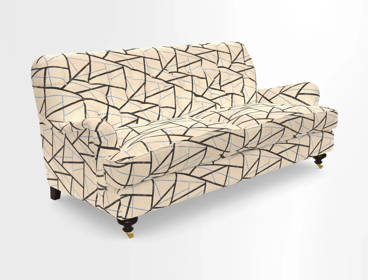 Chiddingfold 3 Seater Sofa in Omega Velvet Tawny Velvet and V&A Threads of India Regal Arabesque Flame with scatters in Sulawesi Splendour Jasper