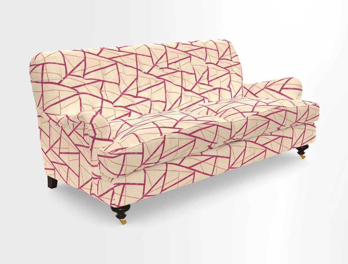 Chiddingfold 3 Seater Sofa in Omega Velvet Tawny Velvet and V&A Threads of India Regal Arabesque Flame with scatters in Sulawesi Splendour Jasper