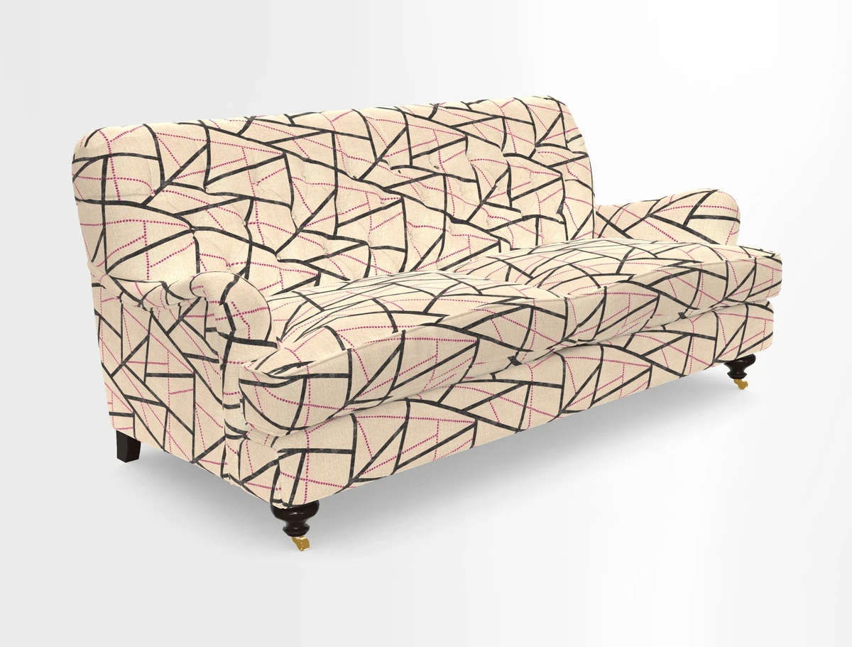 Chiddingfold 3 Seater Sofa in Omega Velvet Tawny Velvet and V&A Threads of India Regal Arabesque Flame with scatters in Sulawesi Splendour Jasper