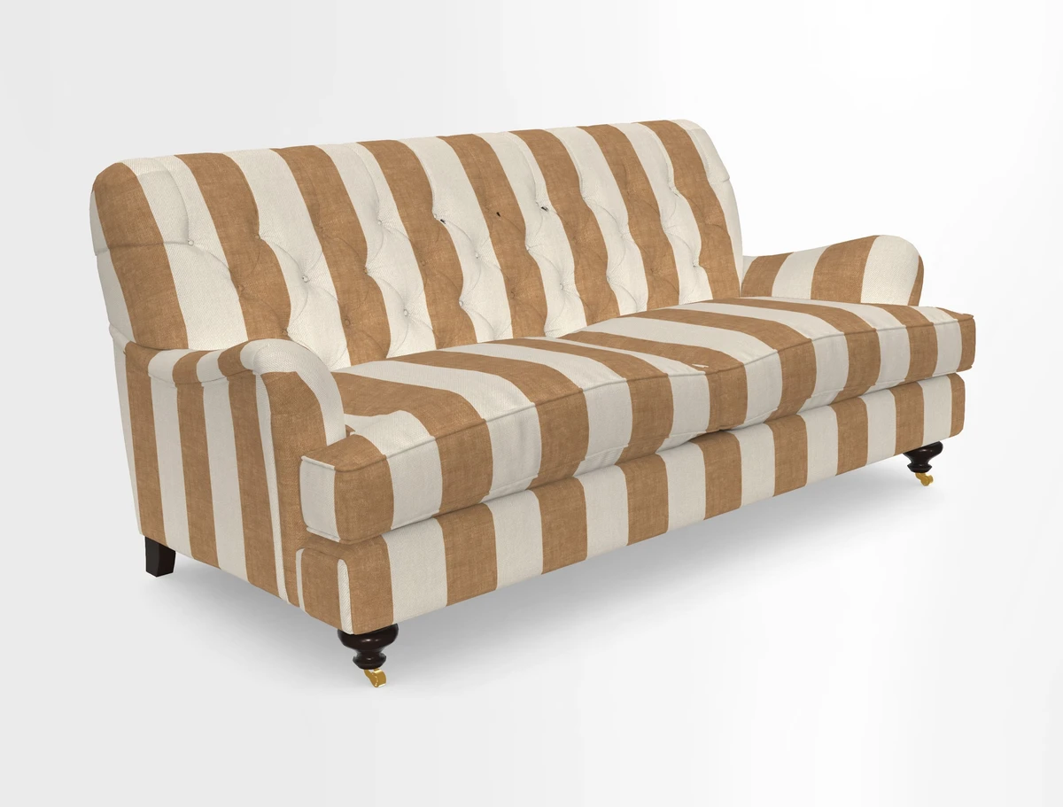 Chiddingfold 3 Seater Sofa in Omega Velvet Tawny Velvet and V&A Threads of India Regal Arabesque Flame with scatters in Sulawesi Splendour Jasper
