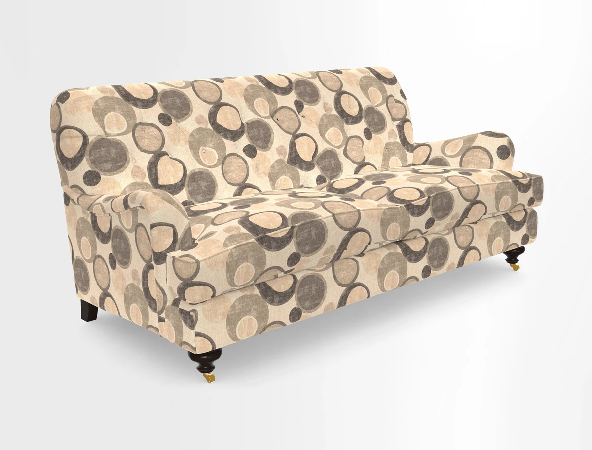 Chiddingfold 3 Seater Sofa in Omega Velvet Tawny Velvet and V&A Threads of India Regal Arabesque Flame with scatters in Sulawesi Splendour Jasper