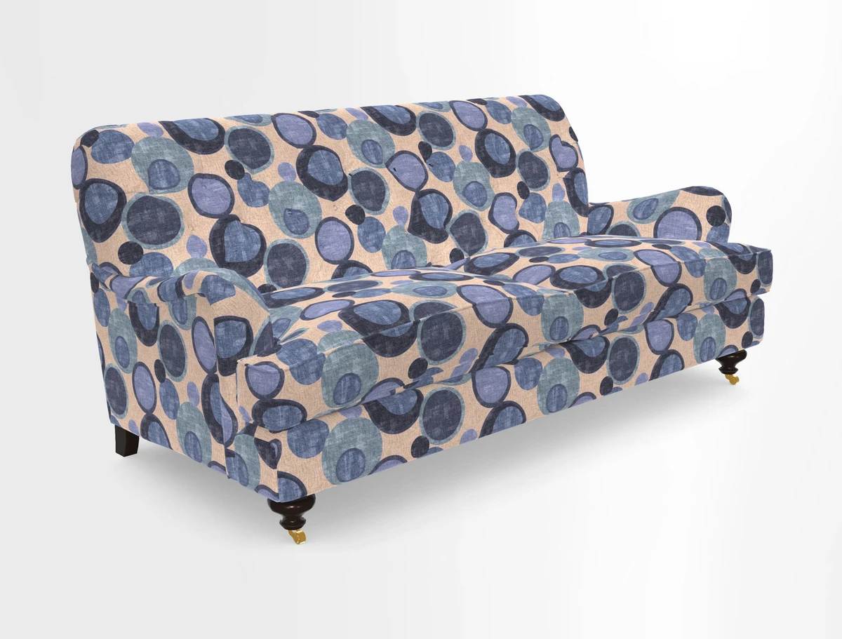 Chiddingfold 3 Seater Sofa in Omega Velvet Tawny Velvet and V&A Threads of India Regal Arabesque Flame with scatters in Sulawesi Splendour Jasper