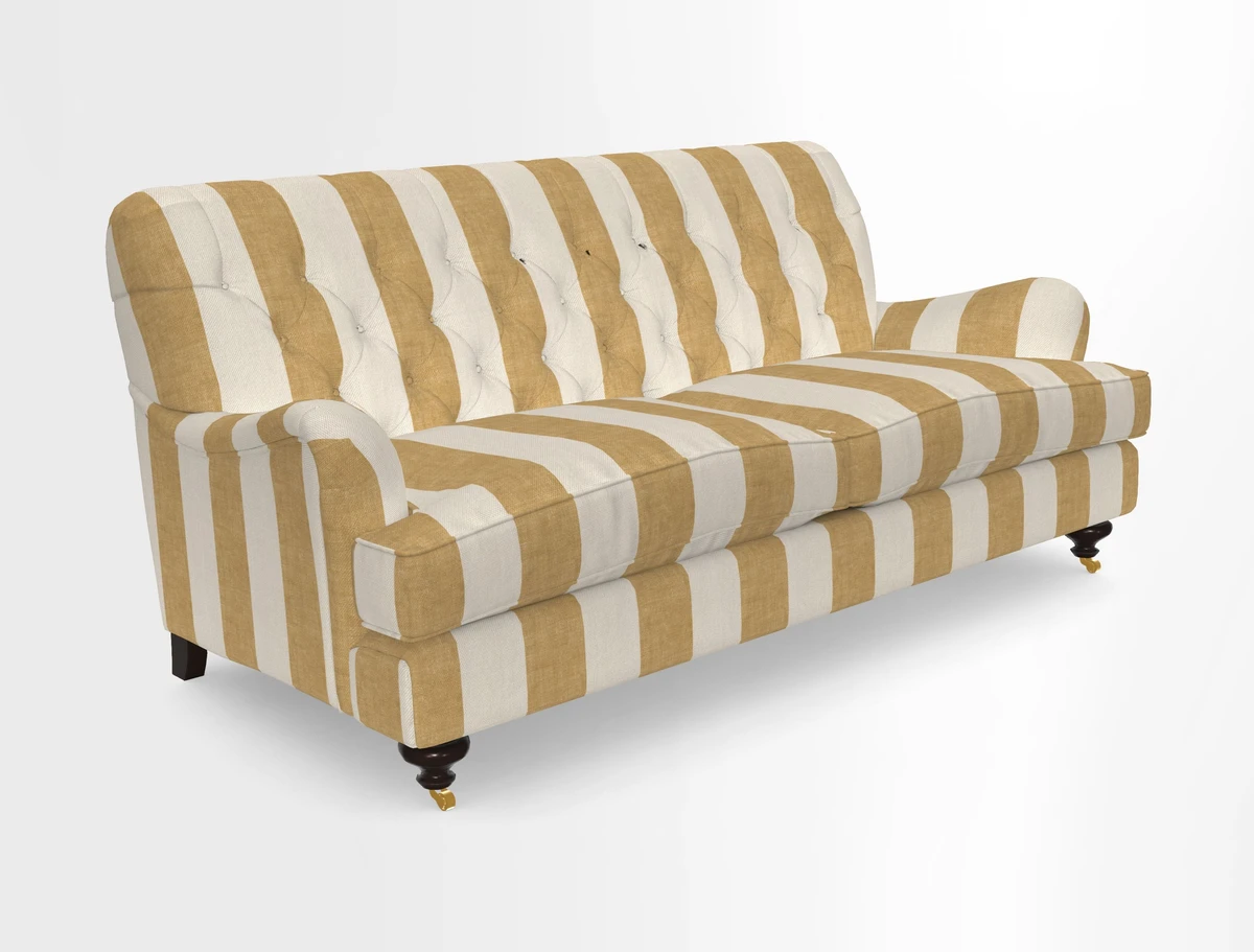 Chiddingfold 3 Seater Sofa in Omega Velvet Tawny Velvet and V&A Threads of India Regal Arabesque Flame with scatters in Sulawesi Splendour Jasper