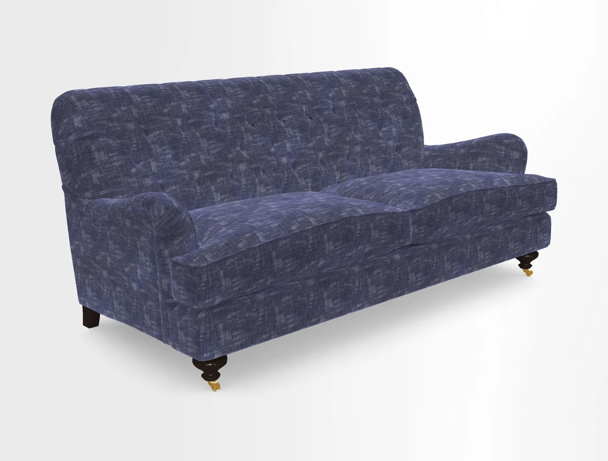 Chiddingfold 3 Seater Sofa in Omega Velvet Tawny Velvet and V&A Threads of India Regal Arabesque Flame with scatters in Sulawesi Splendour Jasper