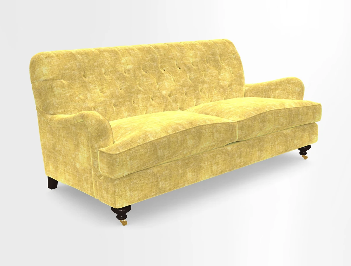 Chiddingfold 3 Seater Sofa in Omega Velvet Tawny Velvet and V&A Threads of India Regal Arabesque Flame with scatters in Sulawesi Splendour Jasper