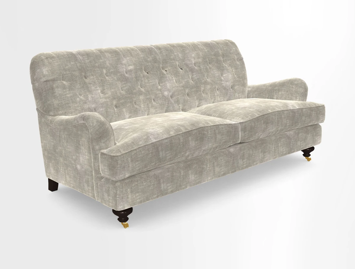 Chiddingfold 3 Seater Sofa in Omega Velvet Tawny Velvet and V&A Threads of India Regal Arabesque Flame with scatters in Sulawesi Splendour Jasper