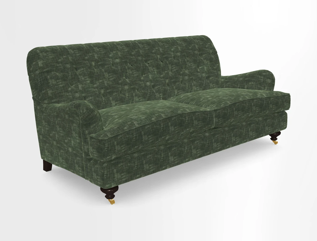 Chiddingfold 3 Seater Sofa in Omega Velvet Tawny Velvet and V&A Threads of India Regal Arabesque Flame with scatters in Sulawesi Splendour Jasper