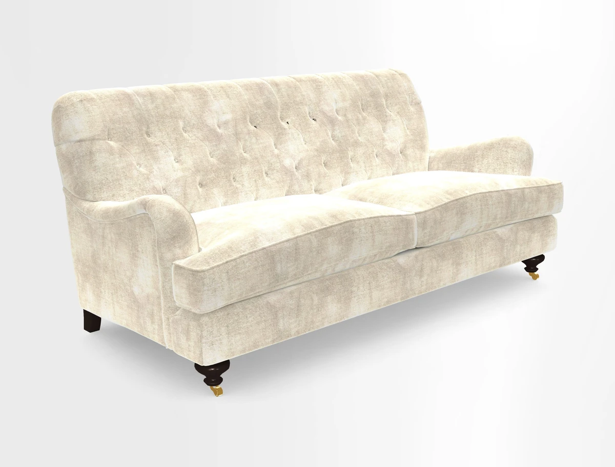 Chiddingfold 3 Seater Sofa in Omega Velvet Tawny Velvet and V&A Threads of India Regal Arabesque Flame with scatters in Sulawesi Splendour Jasper