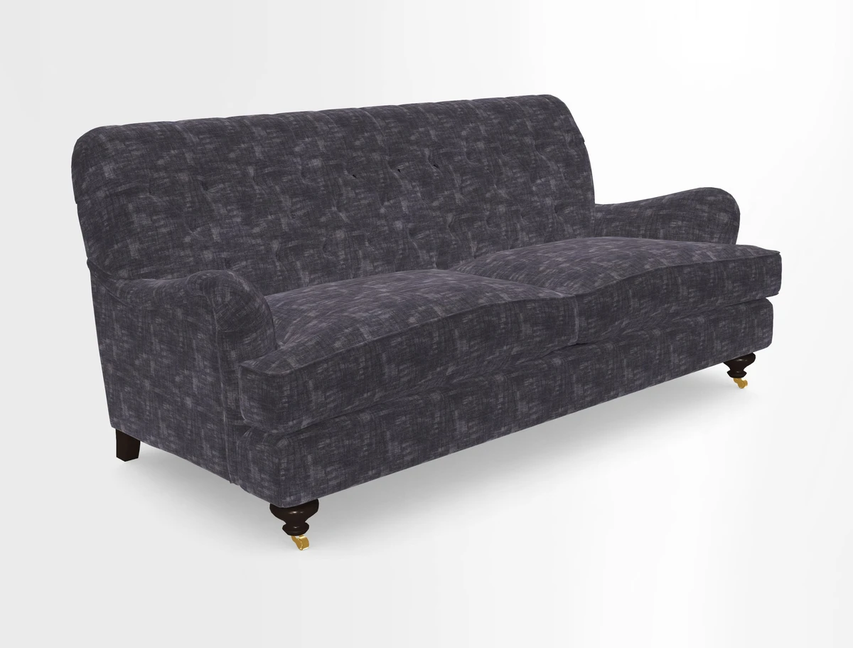 Chiddingfold 3 Seater Sofa in Omega Velvet Tawny Velvet and V&A Threads of India Regal Arabesque Flame with scatters in Sulawesi Splendour Jasper