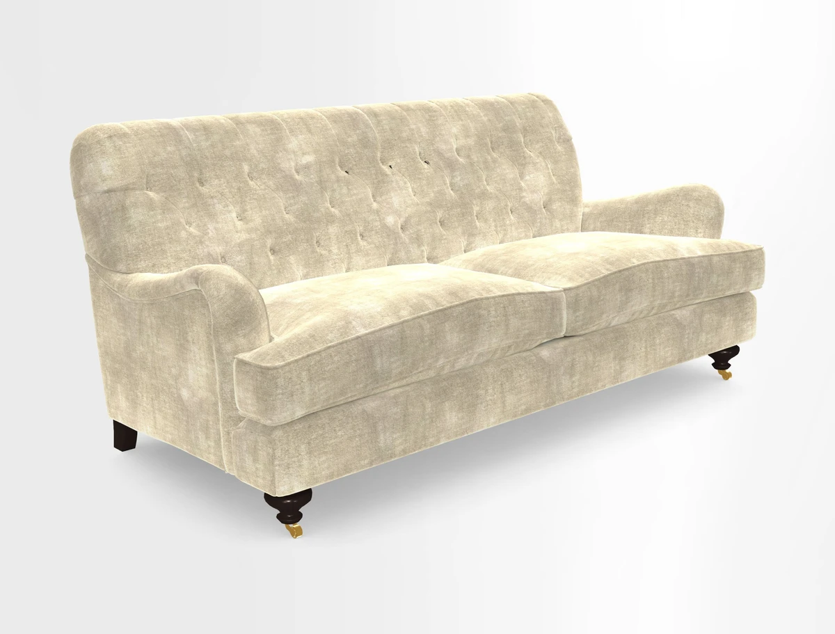 Chiddingfold 3 Seater Sofa in Omega Velvet Tawny Velvet and V&A Threads of India Regal Arabesque Flame with scatters in Sulawesi Splendour Jasper