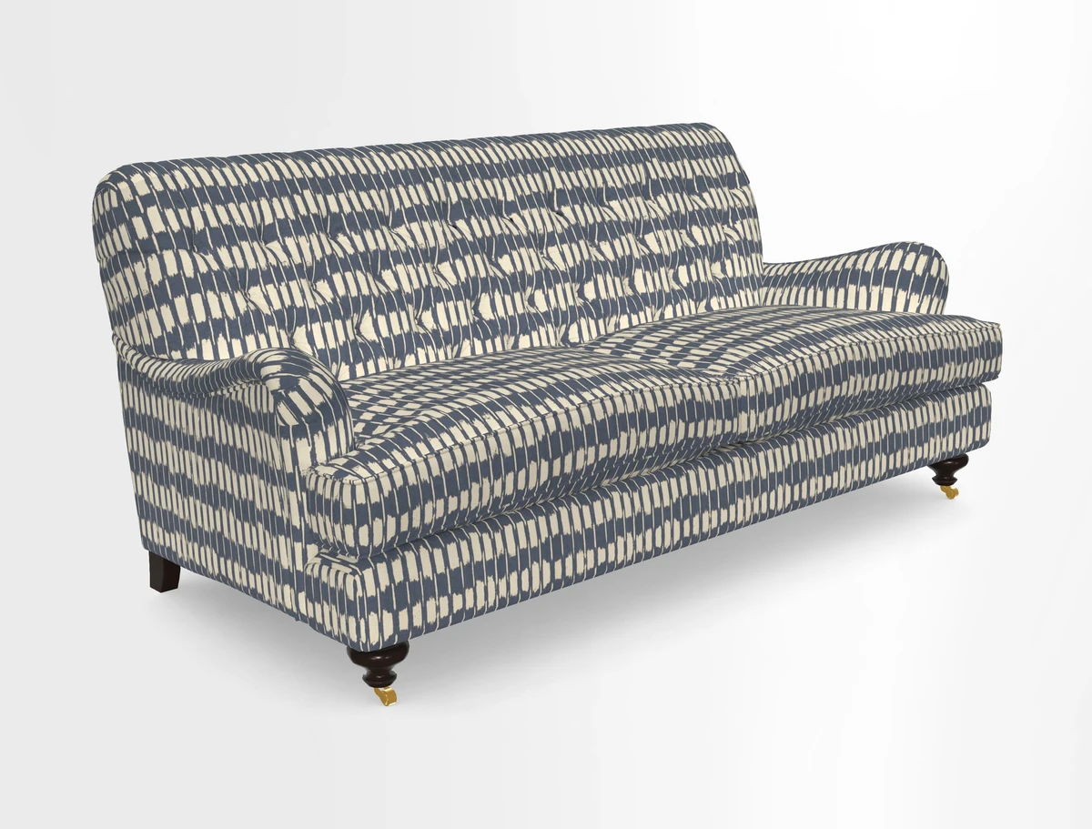 Chiddingfold 3 Seater Sofa in Omega Velvet Tawny Velvet and V&A Threads of India Regal Arabesque Flame with scatters in Sulawesi Splendour Jasper