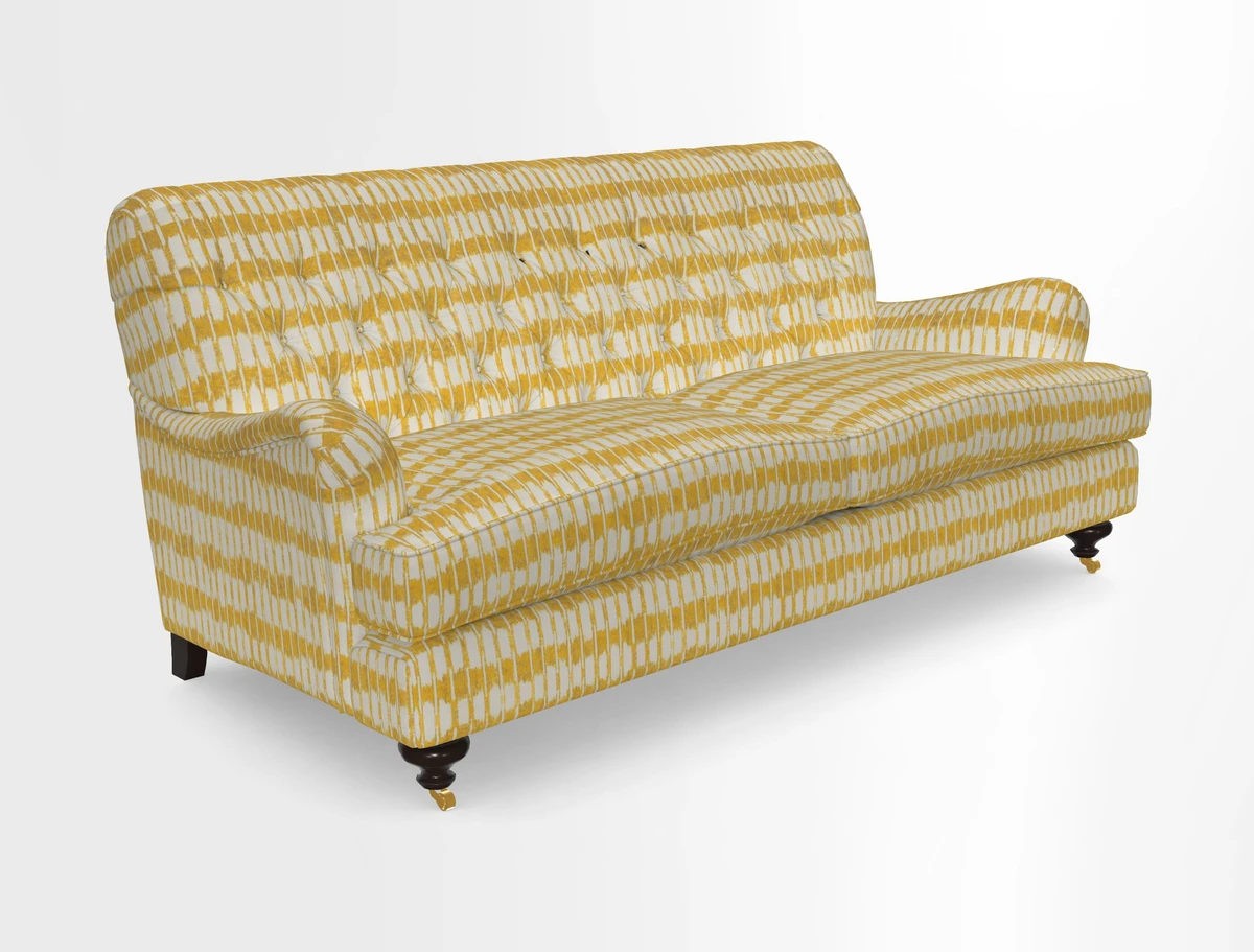 Chiddingfold 3 Seater Sofa in Omega Velvet Tawny Velvet and V&A Threads of India Regal Arabesque Flame with scatters in Sulawesi Splendour Jasper
