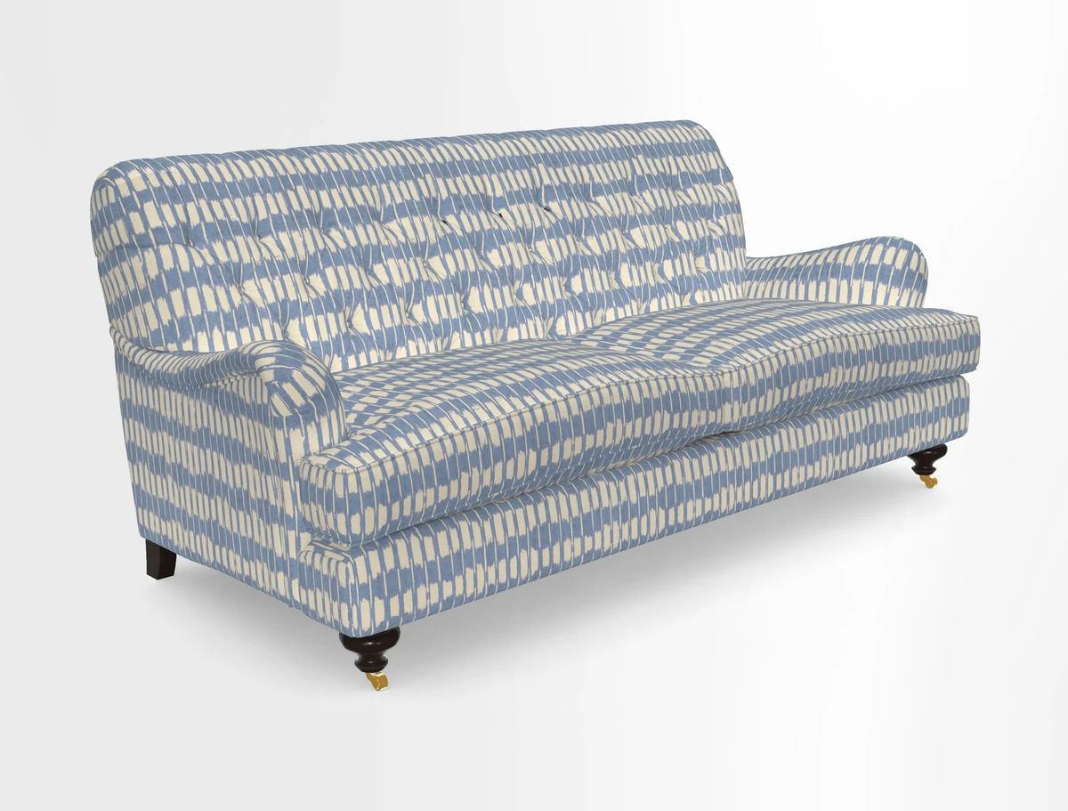 Chiddingfold 3 Seater Sofa in Omega Velvet Tawny Velvet and V&A Threads of India Regal Arabesque Flame with scatters in Sulawesi Splendour Jasper