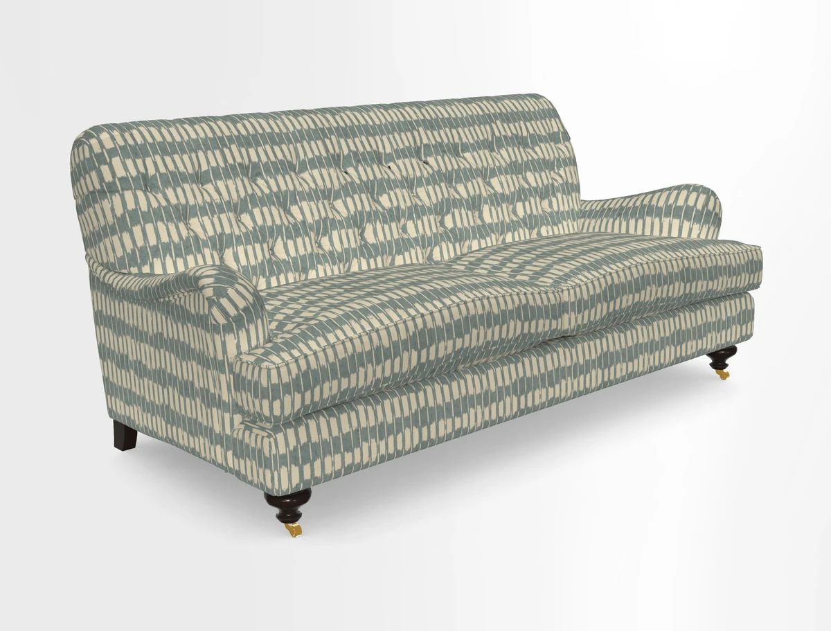 Chiddingfold 3 Seater Sofa in Omega Velvet Tawny Velvet and V&A Threads of India Regal Arabesque Flame with scatters in Sulawesi Splendour Jasper