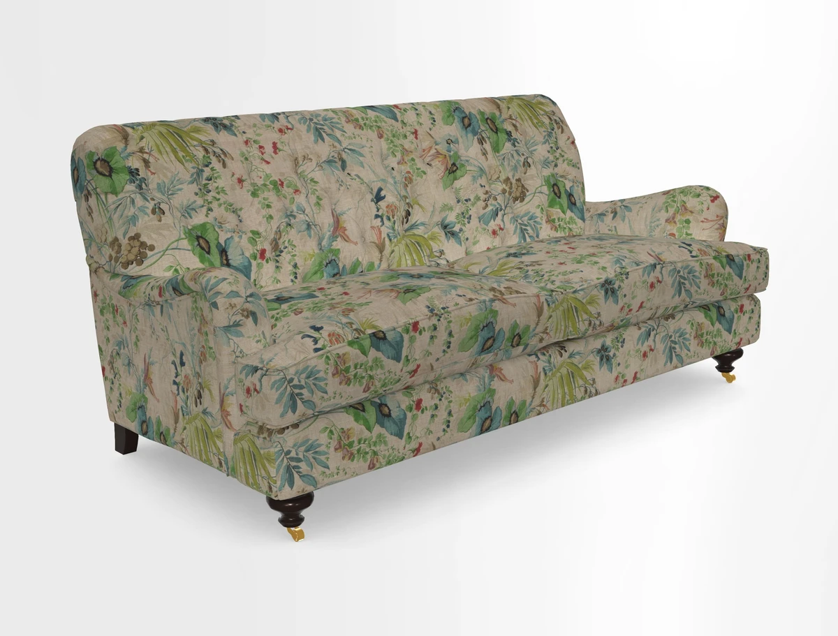 Chiddingfold 3 Seater Sofa in Omega Velvet Tawny Velvet and V&A Threads of India Regal Arabesque Flame with scatters in Sulawesi Splendour Jasper
