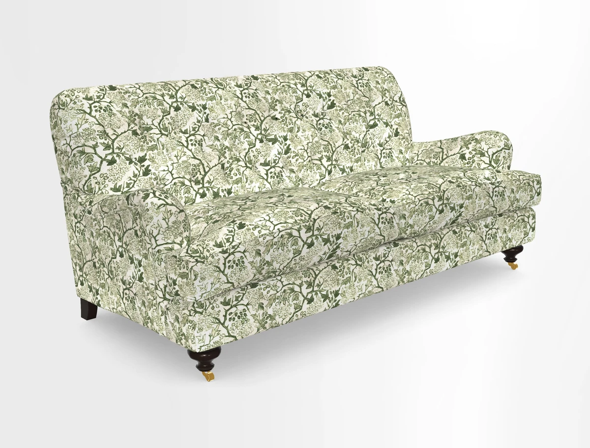 Chiddingfold 3 Seater Sofa in Omega Velvet Tawny Velvet and V&A Threads of India Regal Arabesque Flame with scatters in Sulawesi Splendour Jasper