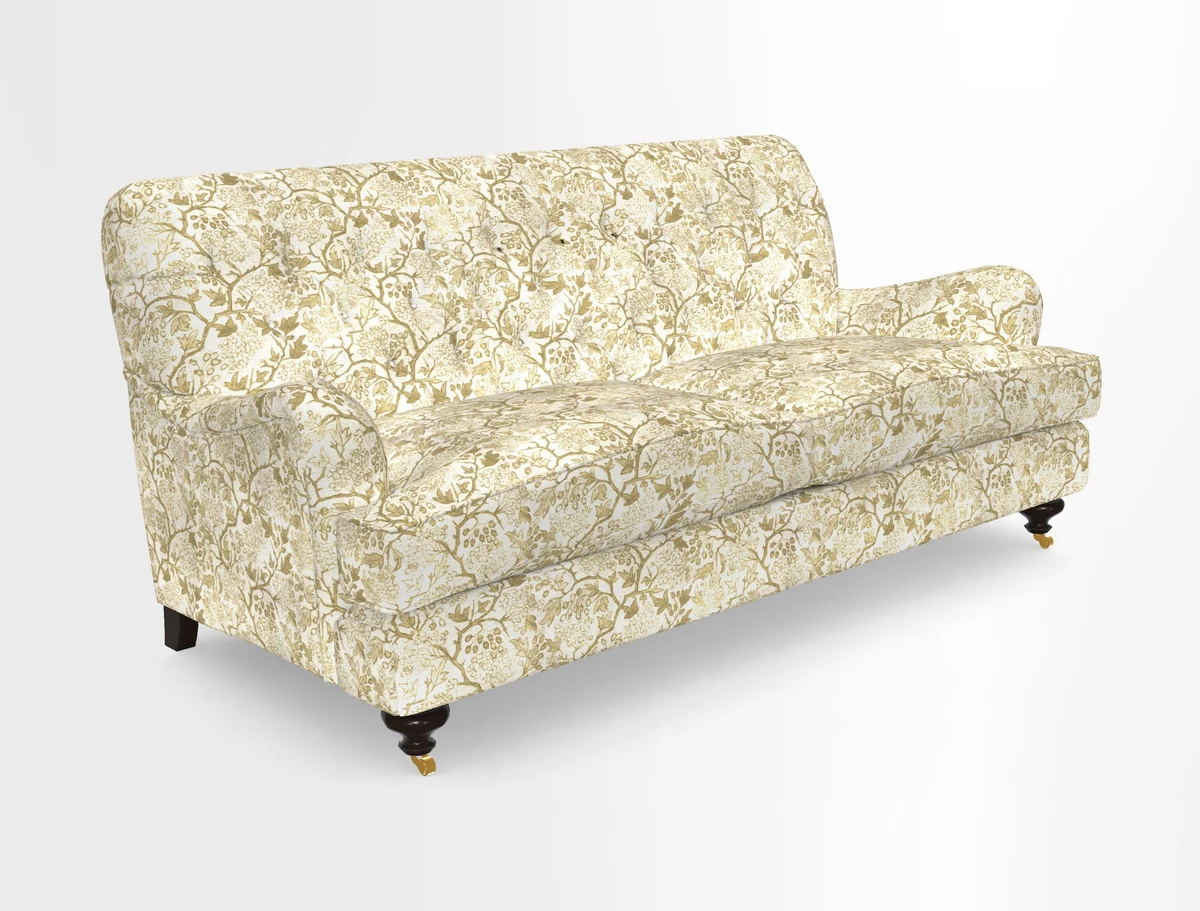 Chiddingfold 3 Seater Sofa in Omega Velvet Tawny Velvet and V&A Threads of India Regal Arabesque Flame with scatters in Sulawesi Splendour Jasper