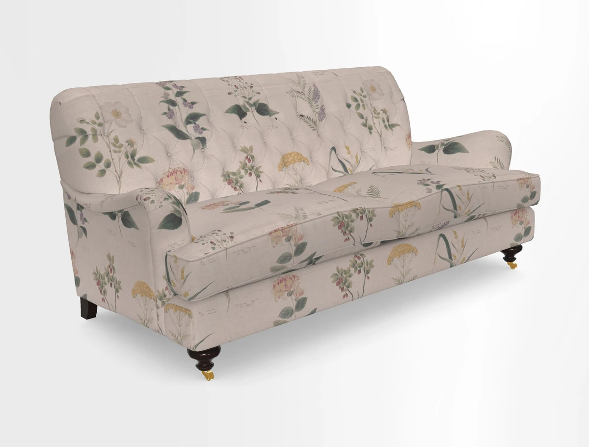 Chiddingfold 3 Seater Sofa in Omega Velvet Tawny Velvet and V&A Threads of India Regal Arabesque Flame with scatters in Sulawesi Splendour Jasper