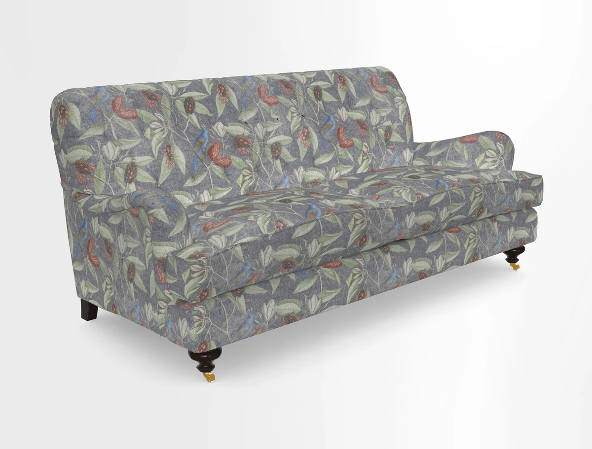 Chiddingfold 3 Seater Sofa in Omega Velvet Tawny Velvet and V&A Threads of India Regal Arabesque Flame with scatters in Sulawesi Splendour Jasper