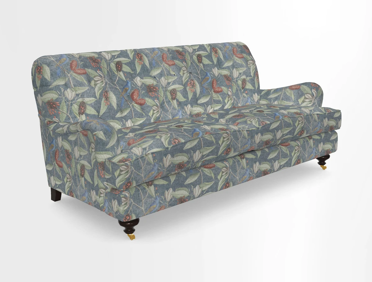 Chiddingfold 3 Seater Sofa in Omega Velvet Tawny Velvet and V&A Threads of India Regal Arabesque Flame with scatters in Sulawesi Splendour Jasper