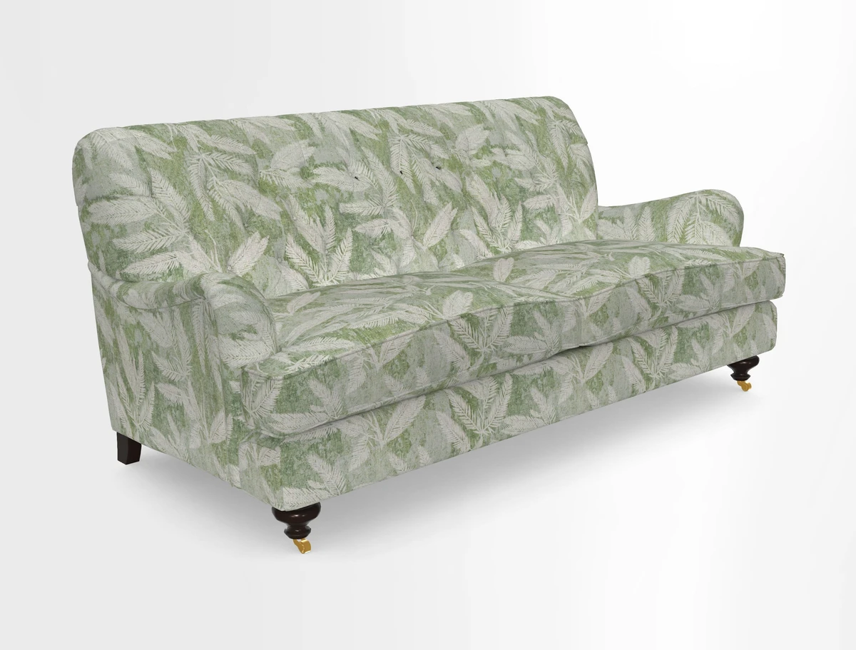 Chiddingfold 3 Seater Sofa in Omega Velvet Tawny Velvet and V&A Threads of India Regal Arabesque Flame with scatters in Sulawesi Splendour Jasper