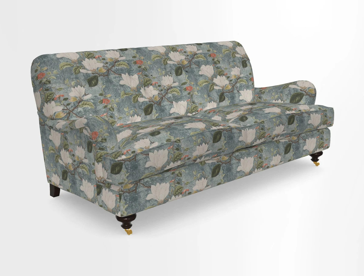 Chiddingfold 3 Seater Sofa in Omega Velvet Tawny Velvet and V&A Threads of India Regal Arabesque Flame with scatters in Sulawesi Splendour Jasper